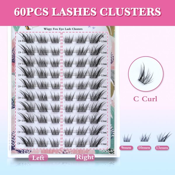 Sangbasang Fox Eye Lash Clusters Wispy: Natural Left & Right Individual Lashes 60 Pcs DIY Eyelash Extensions 9-13mm Cluster Lashes - 图片 3